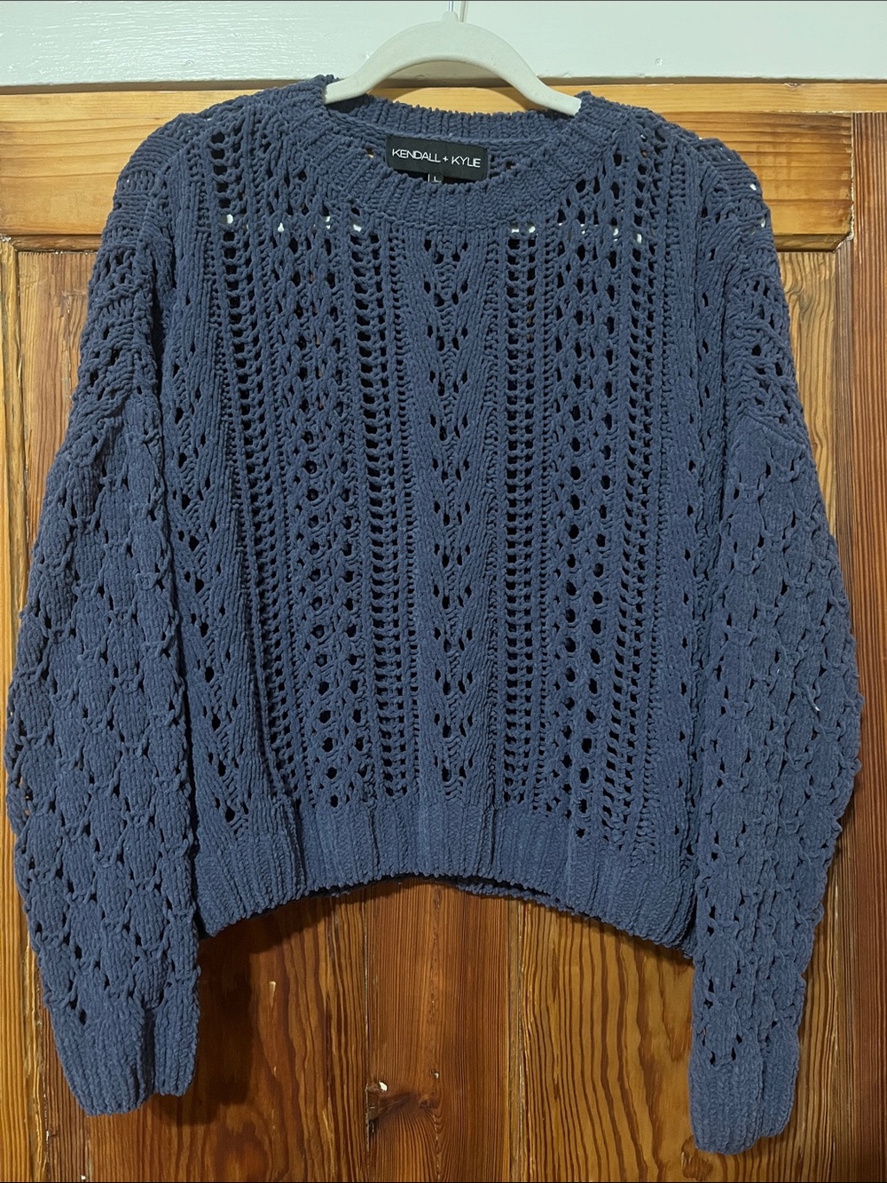 Kendall & Kylie Navy Openwork Cropped Crewneck Sweater